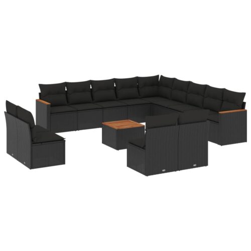 14-Piece Garden Sofa Set with Cushions Black Poly Rattan Wicker Outdoor Patio Furniture - Image 5