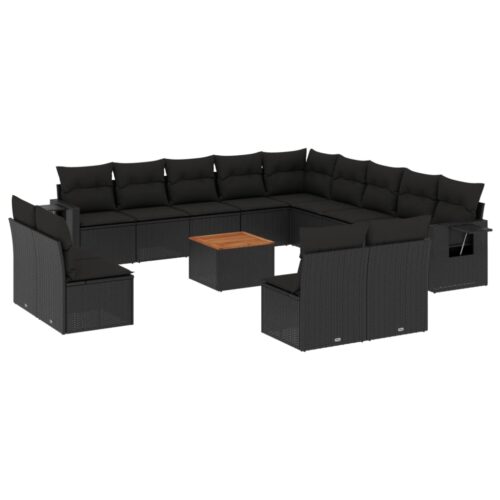 14-Piece Garden Sofa Set with Cushions Black Poly Rattan Wicker Outdoor Patio Furniture