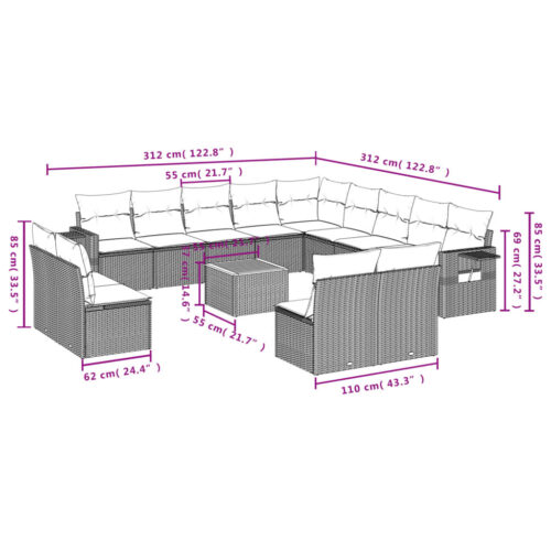 14-Piece Garden Sofa Set with Cushions Black Poly Rattan Wicker Outdoor Patio Furniture - Image 3