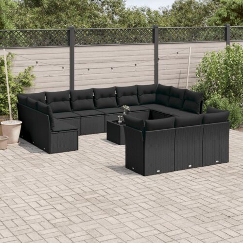 14-Piece Garden Sofa Set with Cushions Black Poly Rattan Wicker Outdoor Patio Furniture - Image 2