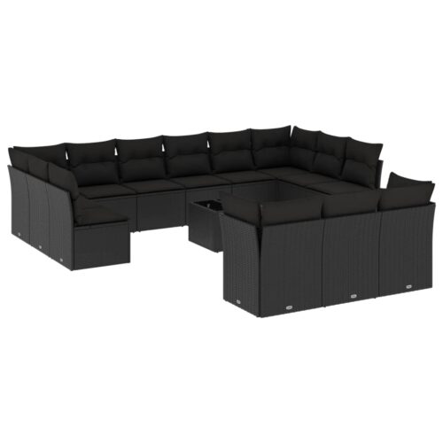 14-Piece Garden Sofa Set with Cushions Black Poly Rattan Wicker Outdoor Patio Furniture - Image 5