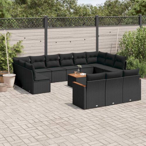 14-Piece Garden Sofa Set with Cushions Black Poly Rattan Wicker Outdoor Patio Furniture - Image 2