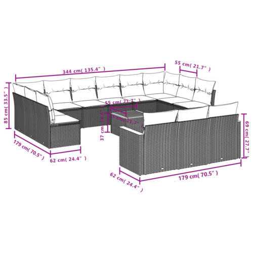 14-Piece Garden Sofa Set with Cushions Black Poly Rattan Wicker Outdoor Patio Furniture - Image 3