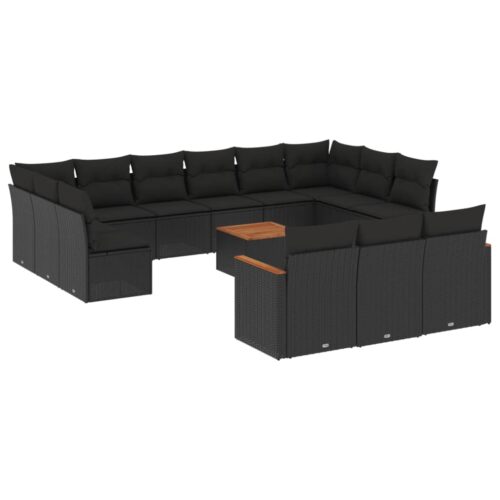 14-Piece Garden Sofa Set with Cushions Black Poly Rattan Wicker Outdoor Patio Furniture - Image 5