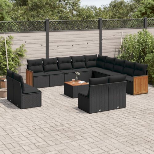 14-Piece Garden Sofa Set with Cushions Black Poly Rattan Wicker Outdoor Patio Furniture - Image 2