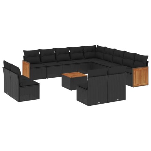 14-Piece Garden Sofa Set with Cushions Black Poly Rattan Wicker Outdoor Patio Furniture - Image 5