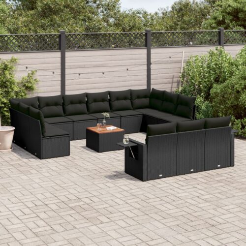 14-Piece Garden Sofa Set with Cushions Black Poly Rattan Wicker Outdoor Patio Furniture - Image 2