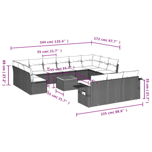 14-Piece Garden Sofa Set with Cushions Black Poly Rattan Wicker Outdoor Patio Furniture - Image 3