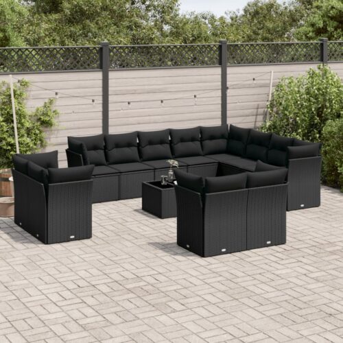 13-Piece Garden Sofa Set with Cushions Black Poly Rattan Wicker Outdoor Patio Furniture - Image 2