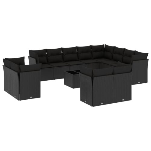13-Piece Garden Sofa Set with Cushions Black Poly Rattan Wicker Outdoor Patio Furniture - Image 5