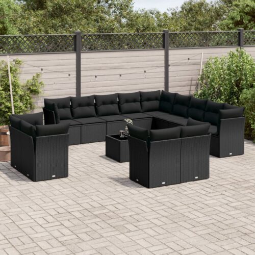 14-Piece Garden Sofa Set with Cushions Black Poly Rattan Wicker Outdoor Patio Furniture - Image 2