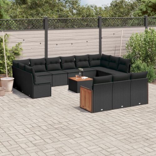 14-Piece Garden Sofa Set with Cushions Black Poly Rattan Wicker Outdoor Patio Furniture - Image 2