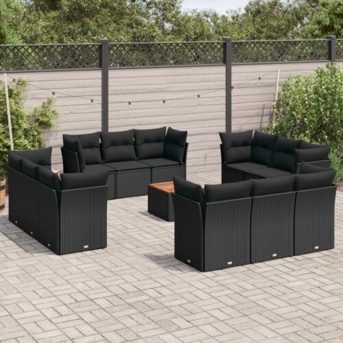 13-Piece Garden Sofa Set with Cushions Black Poly Rattan Wicker Outdoor Patio Furniture - Image 2