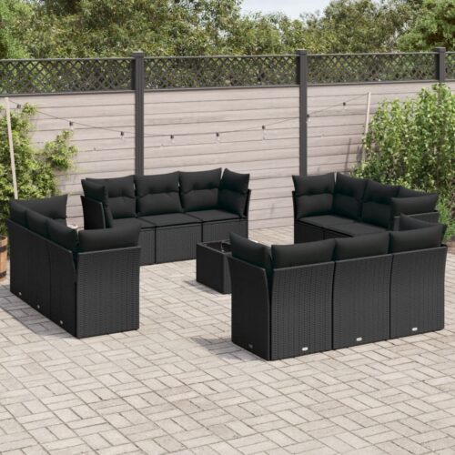 13-Piece Garden Sofa Set with Cushions Black Poly Rattan Wicker Outdoor Patio Furniture - Image 2