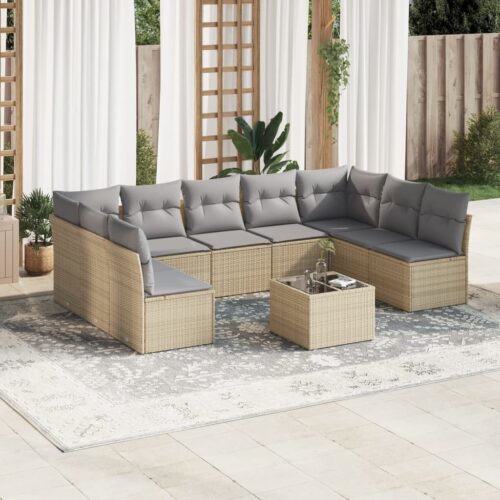 10-Piece Garden Sofa Set with Cushions Beige Poly Rattan Wicker Outdoor Patio Furniture - Image 2