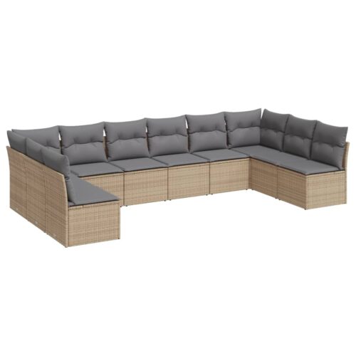 10-Piece Garden Sofa Set with Cushions Beige Poly Rattan Wicker Outdoor Patio Furniture - Image 5