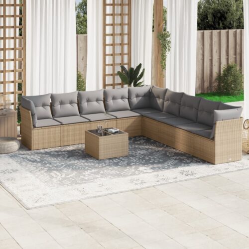 10-Piece Garden Sofa Set with Cushions Beige Poly Rattan Wicker Outdoor Patio Furniture - Image 2