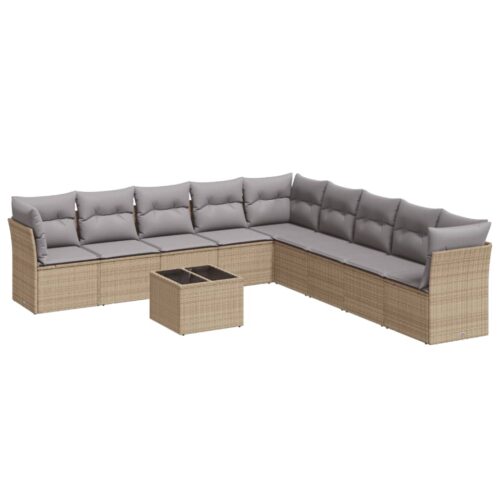 10-Piece Garden Sofa Set with Cushions Beige Poly Rattan Wicker Outdoor Patio Furniture - Image 5