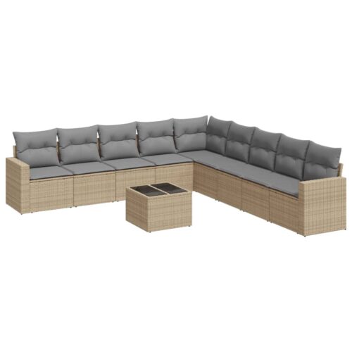 10-Piece Garden Sofa Set with Cushions Beige Poly Rattan Wicker Outdoor Patio Furniture