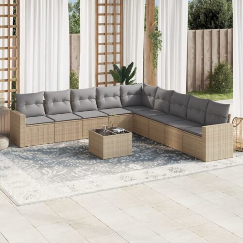 10-Piece Garden Sofa Set with Cushions Beige Poly Rattan Wicker Outdoor Patio Furniture - Image 2