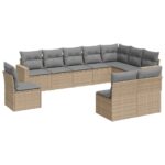 10-Piece Garden Sofa Set with Cushions Beige Poly Rattan Wicker Outdoor Patio Furniture