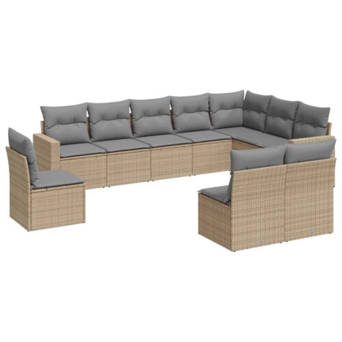 10-Piece Garden Sofa Set with Cushions Beige Poly Rattan Wicker Outdoor Patio Furniture