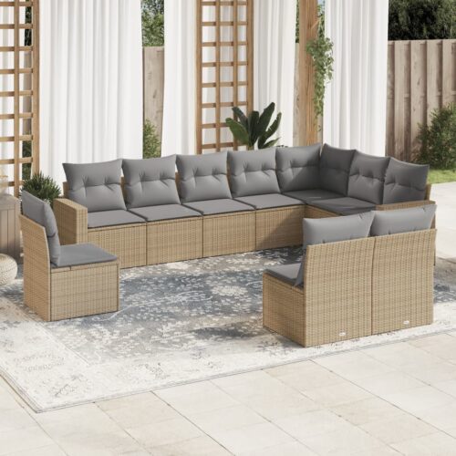 10-Piece Garden Sofa Set with Cushions Beige Poly Rattan Wicker Outdoor Patio Furniture - Image 2