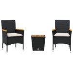 3-Piece Bistro Set with Cushions Black Poly Rattan Wicker Outdoor Patio Furniture Glass