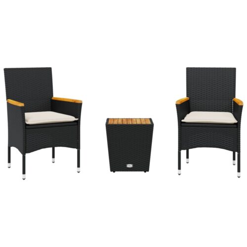 3-Piece Bistro Set with Cushions Black Poly Rattan Wicker Outdoor Patio Furniture Glass