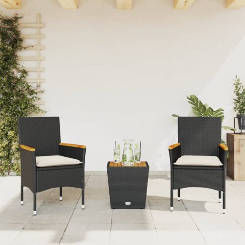 3-Piece Bistro Set with Cushions Black Poly Rattan Wicker Outdoor Patio Furniture Glass - Image 2