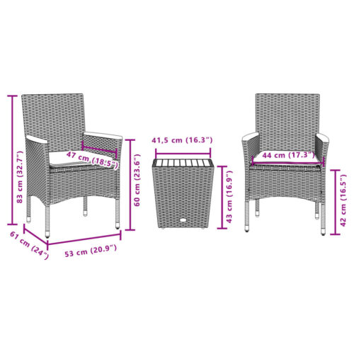 3-Piece Bistro Set with Cushions Black Poly Rattan Wicker Outdoor Patio Furniture Glass - Image 7