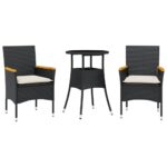 3-Piece Garden Dining Set with Cushions Black Poly Rattan Wicker Outdoor Patio Furniture Glass