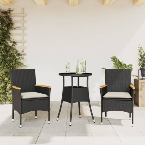 3-Piece Garden Dining Set with Cushions Black Poly Rattan Wicker Outdoor Patio Furniture Glass - Image 2