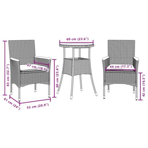 3-Piece Garden Dining Set with Cushions Black Poly Rattan Wicker Outdoor Patio Furniture Glass - Image 7
