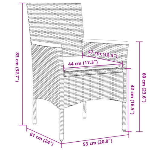 3-Piece Garden Dining Set with Cushions Black Poly Rattan Wicker Outdoor Patio Furniture Glass - Image 8