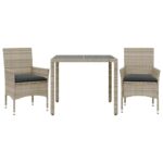 3-Piece Garden Dining Set with Cushions Light Grey Poly Rattan Wicker Outdoor Patio Furniture Glass