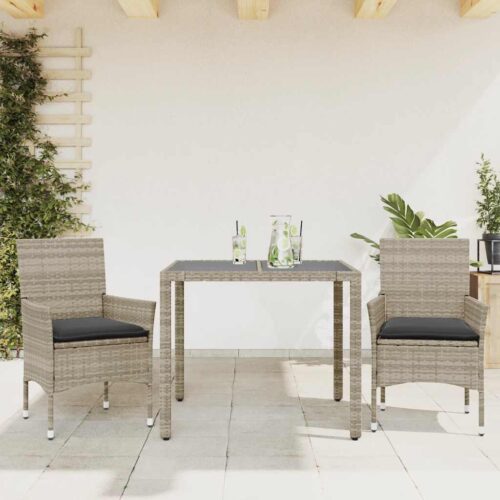 3-Piece Garden Dining Set with Cushions Light Grey Poly Rattan Wicker Outdoor Patio Furniture Glass - Image 2