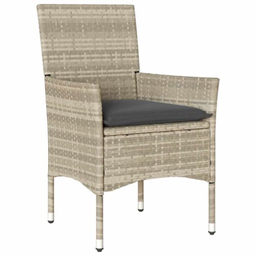 3-Piece Garden Dining Set with Cushions Light Grey Poly Rattan Wicker Outdoor Patio Furniture Glass - Image 3
