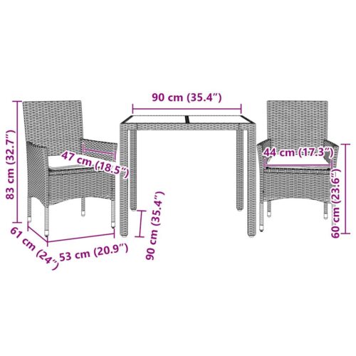 3-Piece Garden Dining Set with Cushions Light Grey Poly Rattan Wicker Outdoor Patio Furniture Glass - Image 7