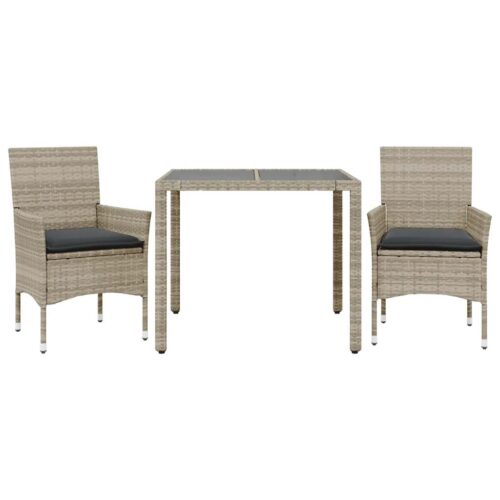 3-Piece Garden Dining Set with Cushions Light Grey Poly Rattan Wicker Outdoor Patio Furniture Glass - Image 11