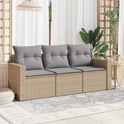 3-Piece Garden Sofa Set with Cushions Beige Poly Rattan Wicker Outdoor Patio Furniture - Image 2