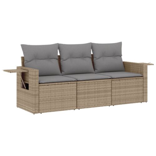 3-Piece Garden Sofa Set with Cushions Beige Poly Rattan Wicker Outdoor Patio Furniture