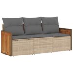 3-Piece Garden Sofa Set with Cushions Beige Poly Rattan Wicker Outdoor Patio Furniture