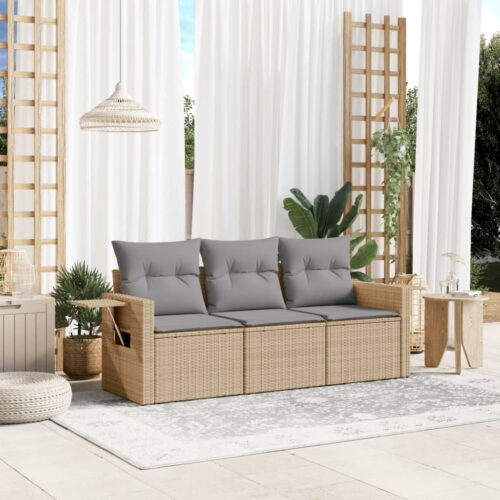 3-Piece Garden Sofa Set with Cushions Beige Poly Rattan Wicker Outdoor Patio Furniture - Image 2