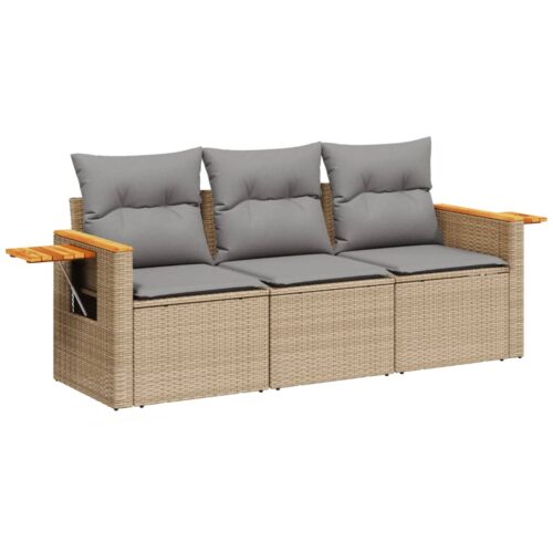 3-Piece Garden Sofa Set with Cushions Beige Poly Rattan Wicker Outdoor Patio Furniture