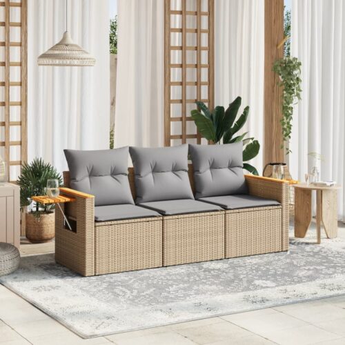 3-Piece Garden Sofa Set with Cushions Beige Poly Rattan Wicker Outdoor Patio Furniture - Image 2