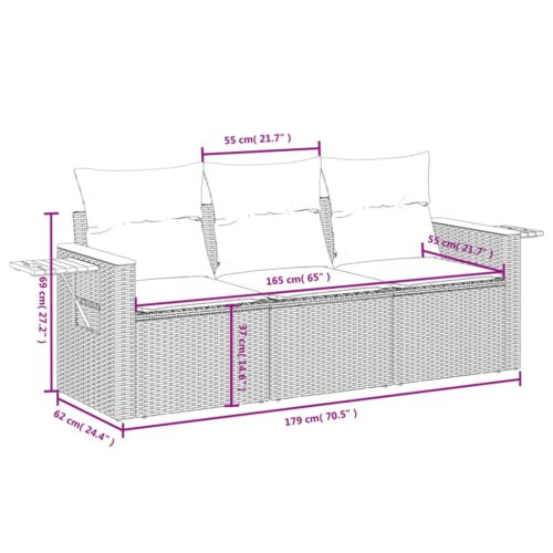 3-Piece Garden Sofa Set with Cushions Beige Poly Rattan Wicker Outdoor Patio Furniture - Image 3