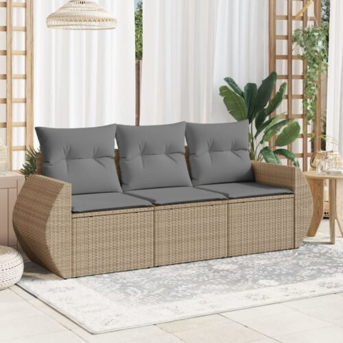 3-Piece Garden Sofa Set with Cushions Beige Poly Rattan Wicker Outdoor Patio Furniture - Image 2