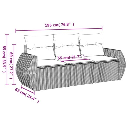 3-Piece Garden Sofa Set with Cushions Beige Poly Rattan Wicker Outdoor Patio Furniture - Image 3