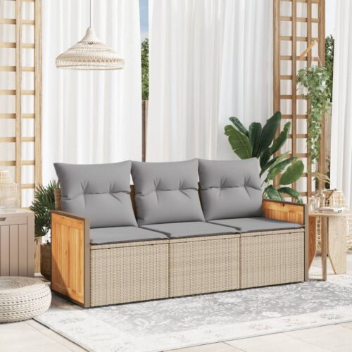 3-Piece Garden Sofa Set with Cushions Beige Poly Rattan Wicker Outdoor Patio Furniture - Image 2